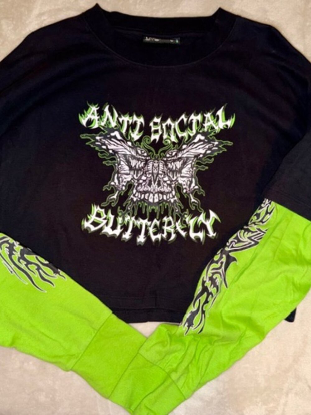 ✨Vitriol Y2K Gothic Layered Crop Top Size Large Black Tee Neon Green Sleeves💚